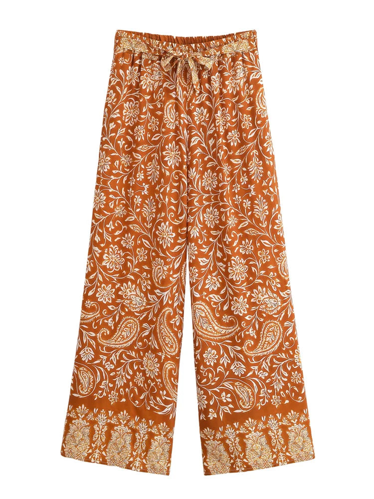 Boho Queens Donna Abiti con stampa floreale marrone Kimono Abito Abiti bohémien Pantaloni a gamba larga 2 pezzi Rayon Boho Set costume da bagno