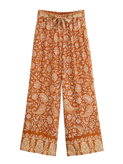 Boho Queens Donna Abiti con stampa floreale marrone Kimono Abito Abiti bohémien Pantaloni a gamba larga 2 pezzi Rayon Boho Set costume da bagno