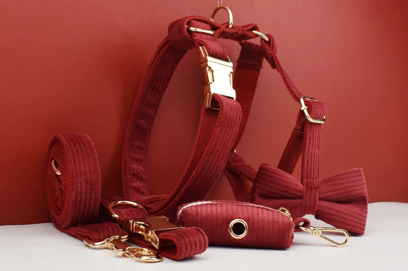 Set Collare e Guinzaglio per Cani in Corduroy Rosso Vino con Targhetta Personalizzata Incisa, Accessori per Animali Domestici