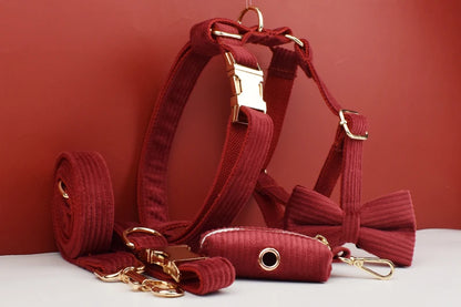 Set Collare e Guinzaglio per Cani in Corduroy Rosso Vino con Targhetta Personalizzata Incisa, Accessori per Animali Domestici
