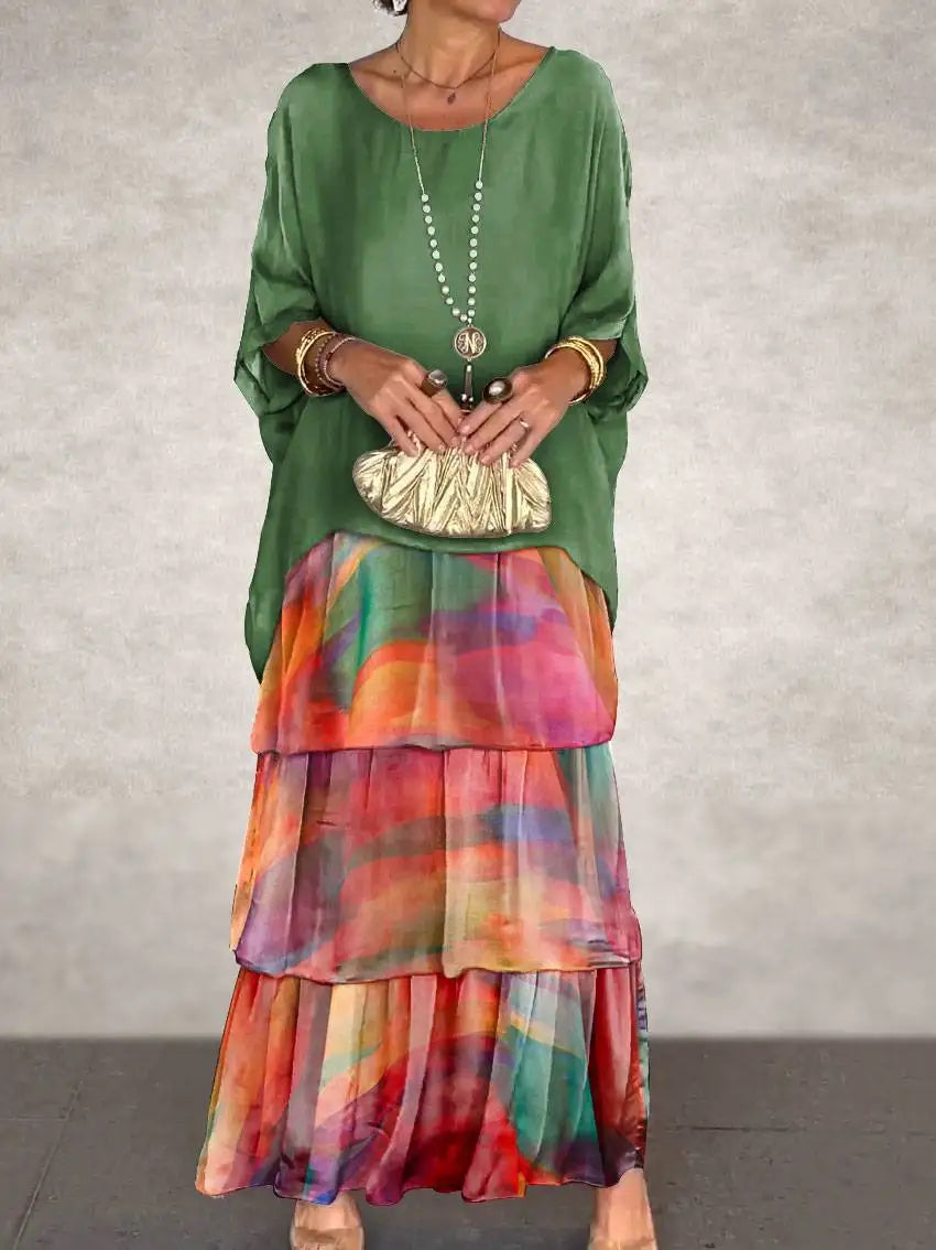 Abiti eleganti da donna in chiffon solido Primavera Autunno O-Collo Abito femminile con volant a strati Mezza manica Torta Abito lungo da vacanza al mare