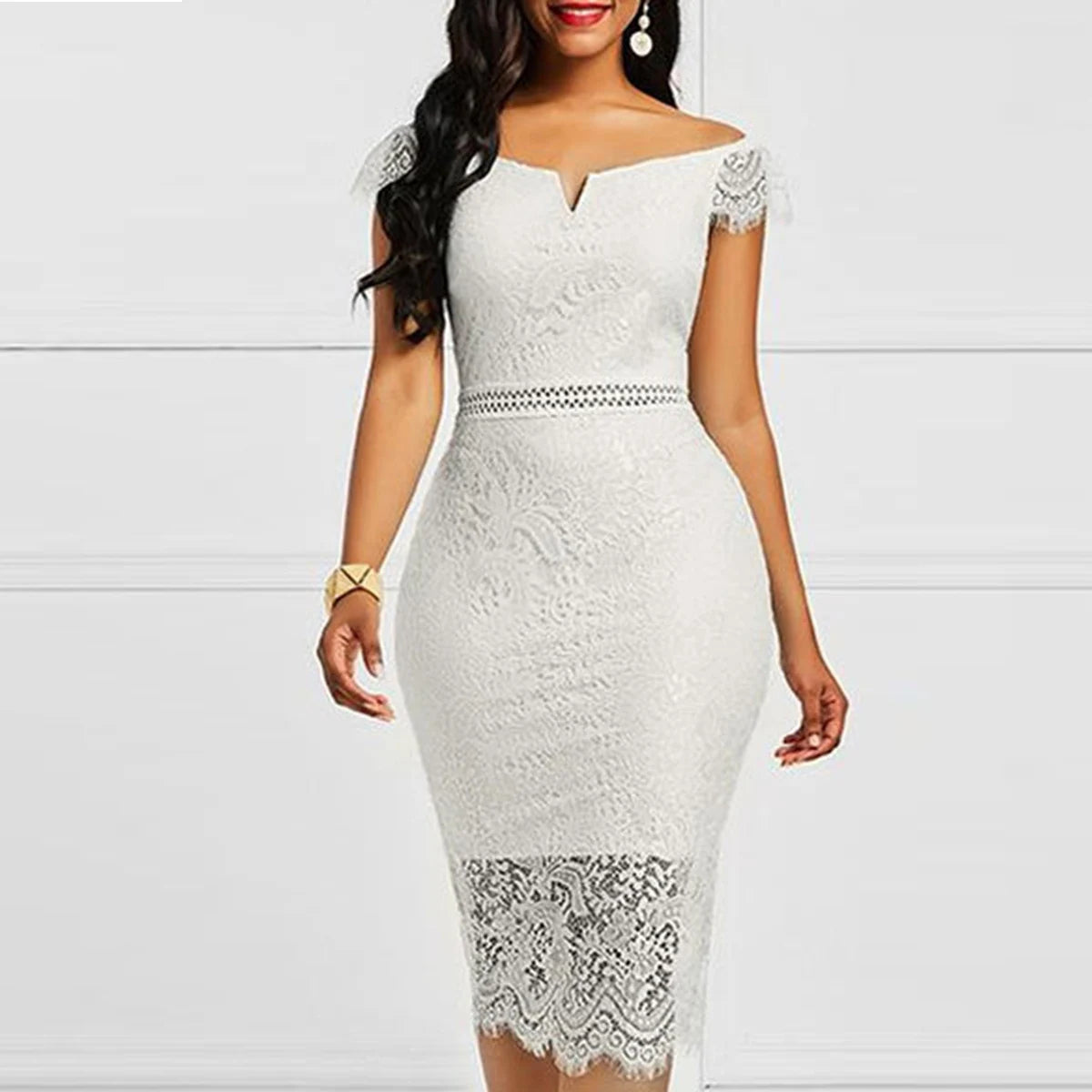 Sommer Damen sexy kurzärmeliges V-Ausschnitt Spitzenkleid lässiges Damenmode-Kleid in schmaler Passform