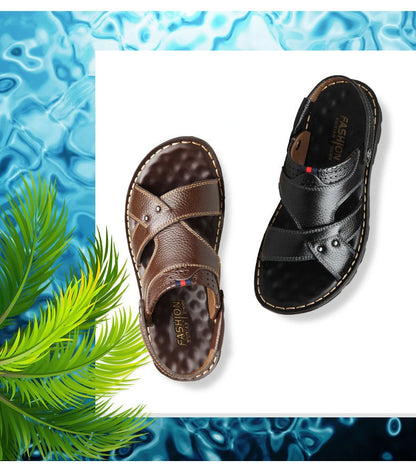Herren-Ledersandalen für den Sommer, rutschfeste Herrenschuhe aus echtem Leder, Hausschuhe, Strandschuhe mit dicker Sohle für draußen, bequeme, weiche Herren-Sandalen