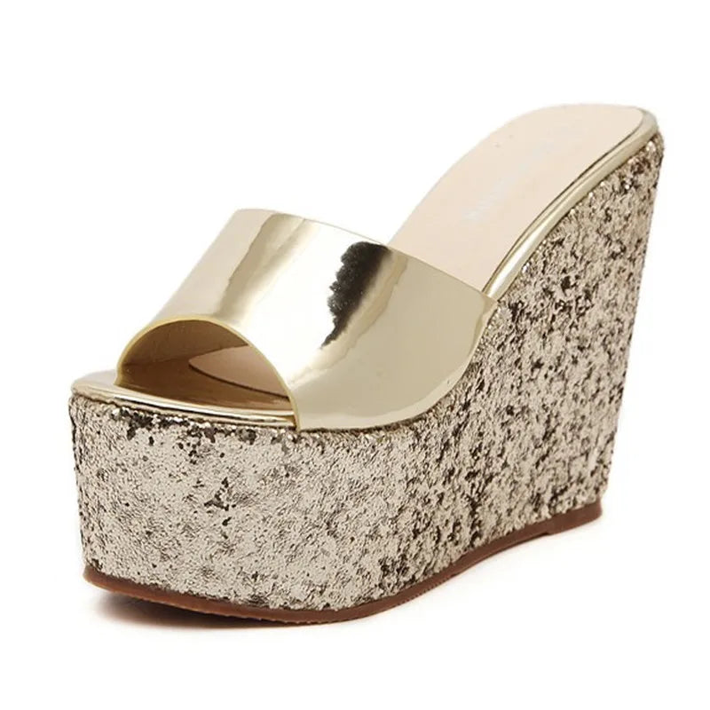 Zeppa Tacchi altissimi 14CM Piattaforma Oro Nastro Paillettes Sandali da donna Abito da sposa Pantofole da esterno alte per l'estate