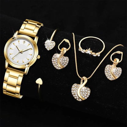 Montre à quartz pour femmes, bracelet de luxe en or, collier, boucles d'oreilles, strass, montre-bracelet tendance, montres décontractées pour dames, ensemble de bijoux
