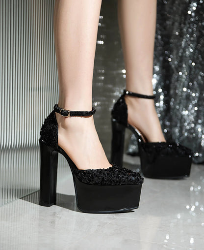 Sandali a punta neri con cinturino alla caviglia sexy per le donne Piattaforma estiva 15CM Scarpe eleganti da festa con paillettes lucide Tacchi alti vuoti laterali neri