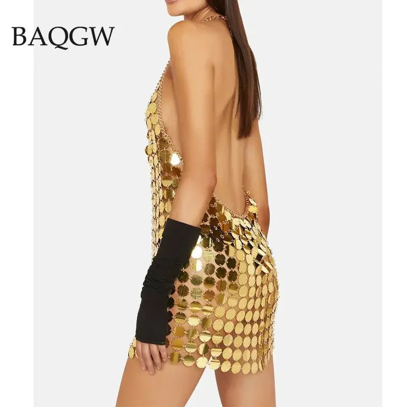 Mini abiti da donna alla moda senza maniche sexy senza schienale glitterato nero oro cotta di maglia con paillettes patchwork abito Diana Silver Disc