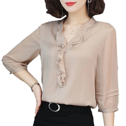 Camicia da donna primaverile ed estiva, scollo a V con maniche a tre quarti, vestibilità ampia e aderente, top con volant, DF3732