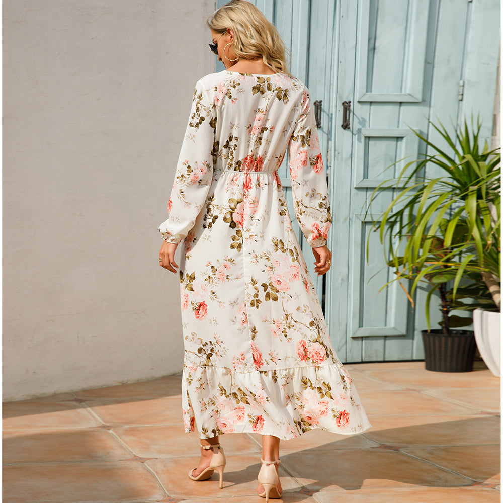 Maxi abiti da donna Sping autunno bohémien Casual manica intera vita alta spiaggia donna abiti in Chiffon abito lungo floreale vestido