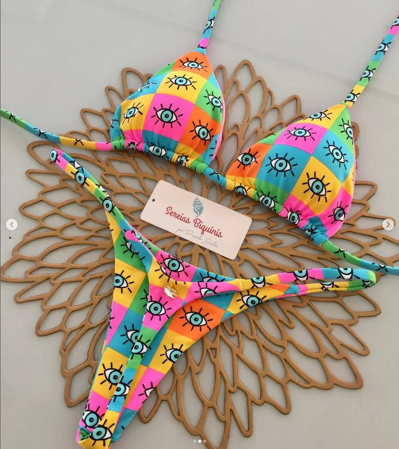 2026 Neuer sexy Micro-Bikini-Set mit Prints für Damen, Urlaub-Badeanzug, Schnür-Bademode, 2-teiliges Set, rückenfreier brasilianischer Biquini, Strandmode