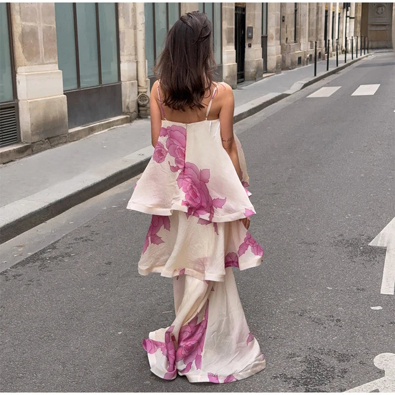 Abito Lungo da Donna con Stampa, Scollo a V, Maniche a Campana, Bordo a Foglia di Loto, Vita Alta, Vestito Maxi Aderente, Elegante Abito da Sera per Feste