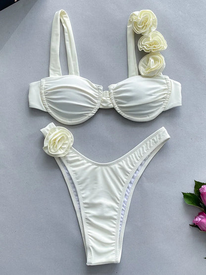 Sexy 3D Fiori con ferretto Bikini brasiliano Costumi da bagno donna Costume da bagno femminile Bikini a due pezzi Costume da bagno a triangolo Swim Lady