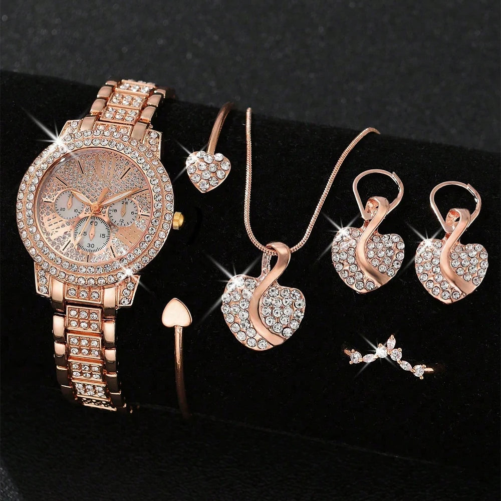 Montre à quartz pour femmes, bracelet de luxe en or, collier, boucles d'oreilles, strass, montre-bracelet tendance, montres décontractées pour dames, ensemble de bijoux