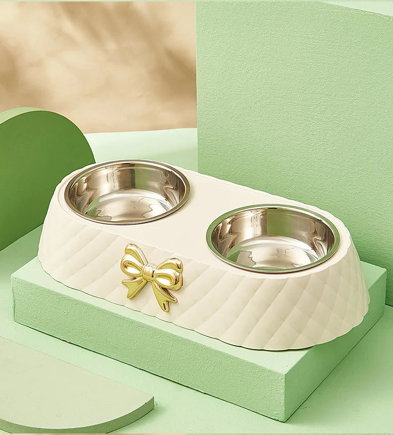 Forniture per animali domestici Papillon Bowknot Ciotola per cibo per gatti Base in PP Ciotola per cani Doppio accessorio per animali domestici in acciaio inossidabile Alimentazione Bere Doppia ciotola
