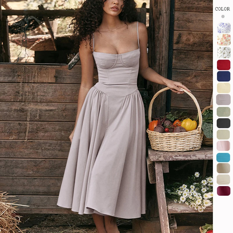 Elegante abito longuette con cinturino per spaghetti da donna Party Slim A Line Solid Bretelle Abiti da donna Nuova moda primavera estate Abiti sexy