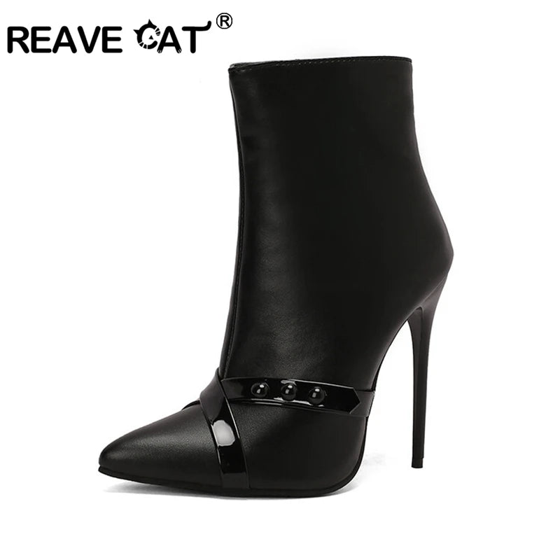 REAVE CAT Sexy Stiletto 12cm High Heel Ankle Boots Leather Party Big Size 44 45 46 47 48 US15 US16 US17 Black Yellow Purple