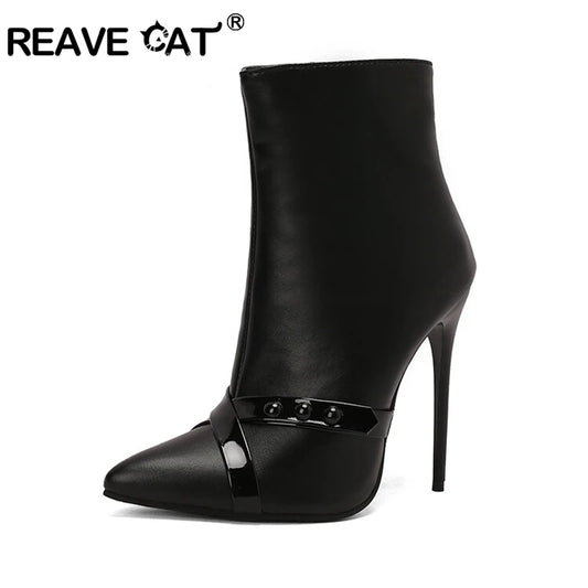 REAVE CAT Sexy Stiletto 12cm High Heel Ankle Boots Leather Party Big Size 44 45 46 47 48 US15 US16 US17 Black Yellow Purple