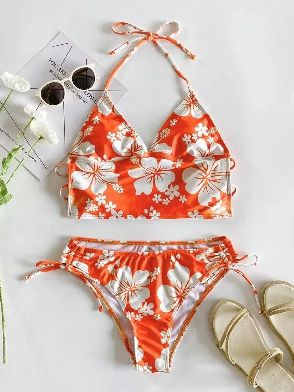 Costume da bagno sexy con stampa floreale gialla Set da donna Halter Push Up Crop Top Costume da bagno 2025 Costume da bagno da spiaggia con lacci Costumi da bagno a vita alta