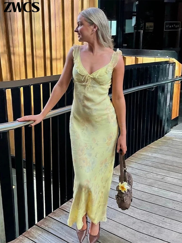 Abito da spiaggia con volant con stampa floreale Abito da donna elegante senza maniche senza schienale scollato con lacci Abiti lunghi 2025 Abito estivo da donna nuova