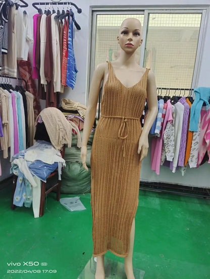 New Women's Sexy Knitted Midi Dresses Summer Elegant Beachwear Hollow Out Fishnet Bikini Cover-ups Vacation Long Dress for Girls
