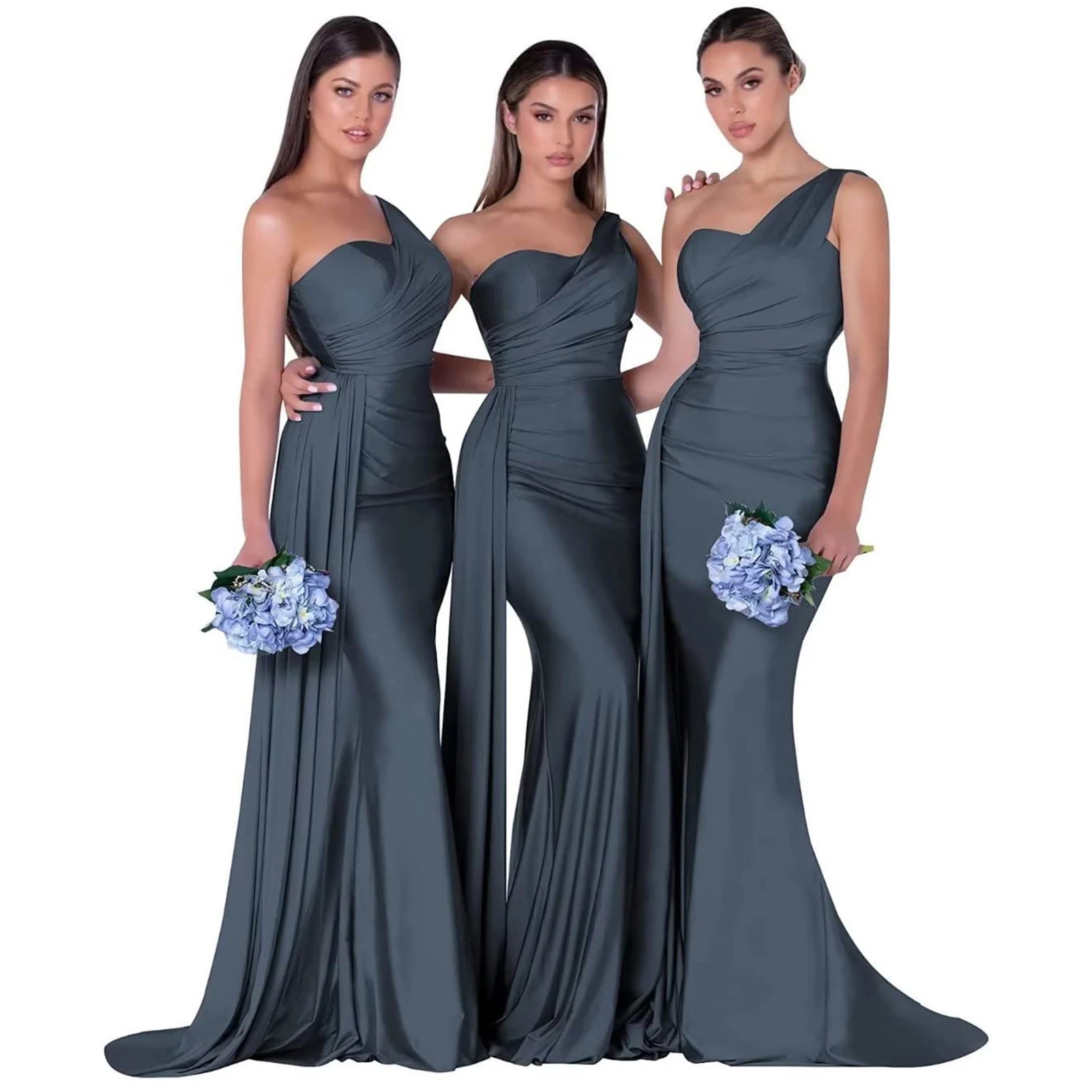 Abiti da damigella d'onore eleganti a sirena monospalla senza maniche in raso abito da cerimonia nuziale abiti para bodas con strascico personalizzato