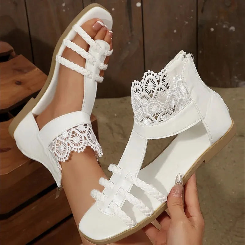 2025Nouveaux sandales d'été Sac tressé à tête carrée avec fermeture éclair arrière Semelle souple Chaussures plates antidérapantes résistantes à l'usure Chaussures pour femmes
