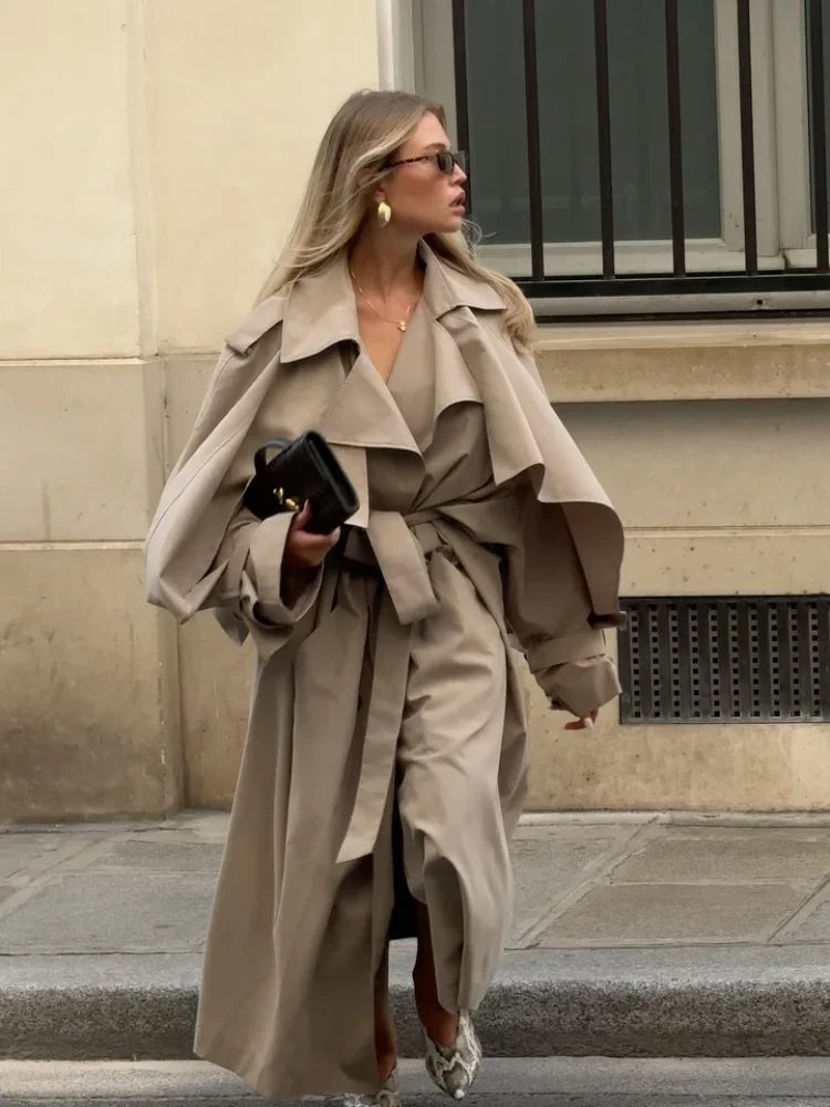 Trench lungo con lacci solido Moda donna Manica intera Risvolto monopetto Capispalla allentato Lady Autunno Cappotto Highstreet quotidiano