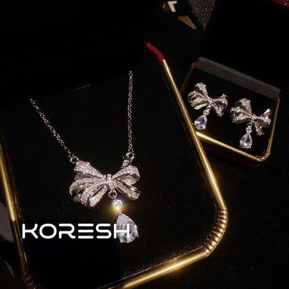 Collier pour femmes avec nœud et diamants, nouvelle parure de boucles d'oreilles pendantes en zircon pour femmes 2025