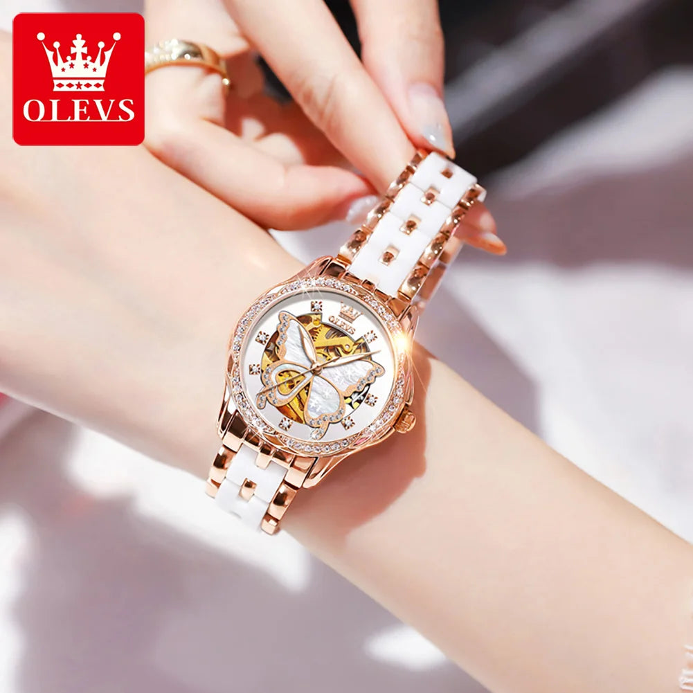 OLEVS 6622 Orologio da donna con quadrante a farfalla Orologio meccanico impermeabile di lusso per donna Orologio da polso automatico con cinturino in ceramica cava