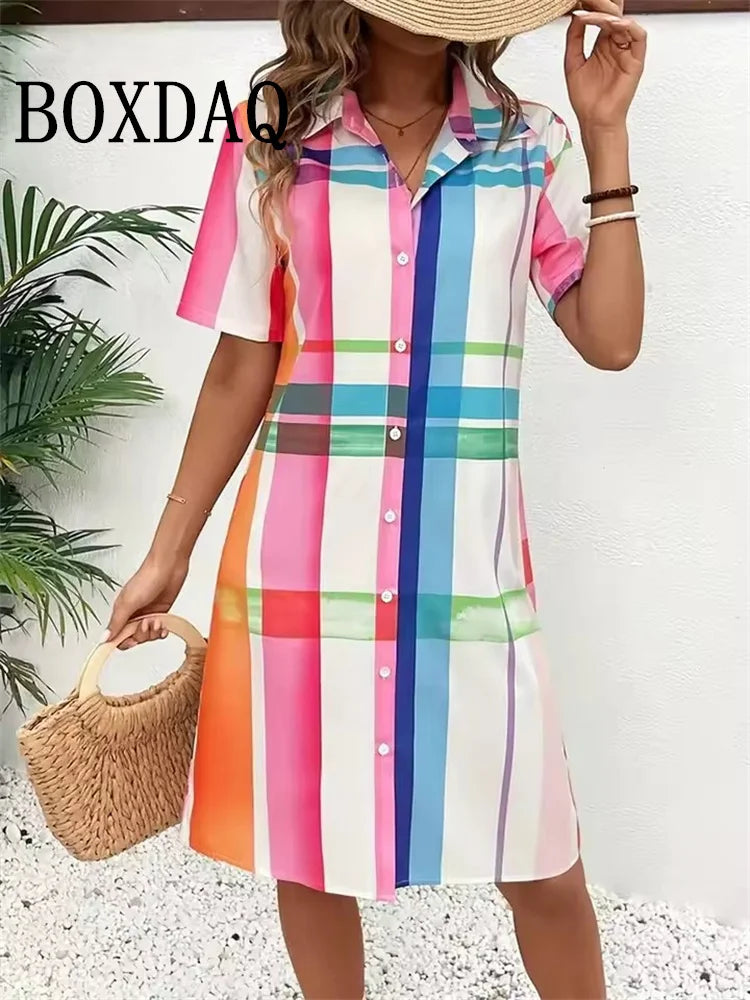 Abito estivo da donna Moda Geometri Stampato Abiti a maniche corte 2025 Party Elegante vestito estivo Casual Camicie con risvolto con bottoni Abito