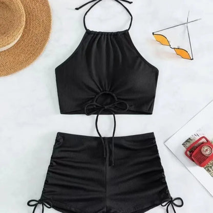 Maillot de bain femme européen et américain couleur unie bretelles bikini cou suspendu maillot de bain fendu sexy style fille épicée cordon de serrage