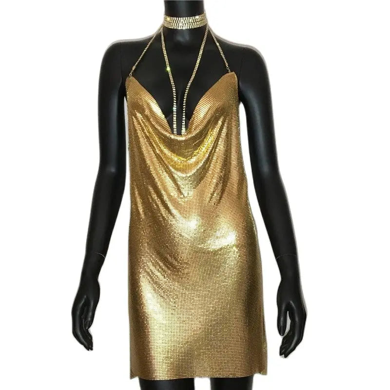 AKYZO Mini abito patchwork con paillettes dorate sexy Donna senza maniche Taglio basso Catene di metallo Halter Slim Abiti da festa da discoteca affascinanti