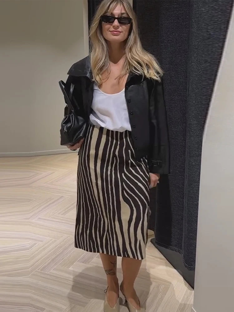 Gonna midi a righe zebrate da donna, a vita alta, dritta, elegante, aderente, casual, lunga, 2026, outfit moda street estivo e autunnale