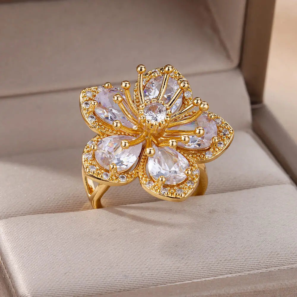 Anelli di fiori colorati con zirconi per le donne Anello floreale in acciaio inossidabile color oro Elegante regalo di gioielli estetici per matrimoni di lusso