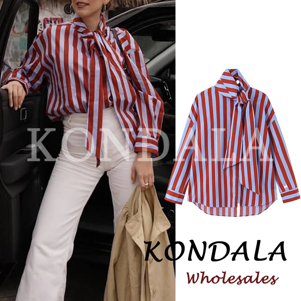 KONDALA Camicia Vintage a Righe con Fiocco da Donna, Casual, Asimmetrica, Moda Primavera 2026, Camicia Monopetto, Streetwear Chic Femminile