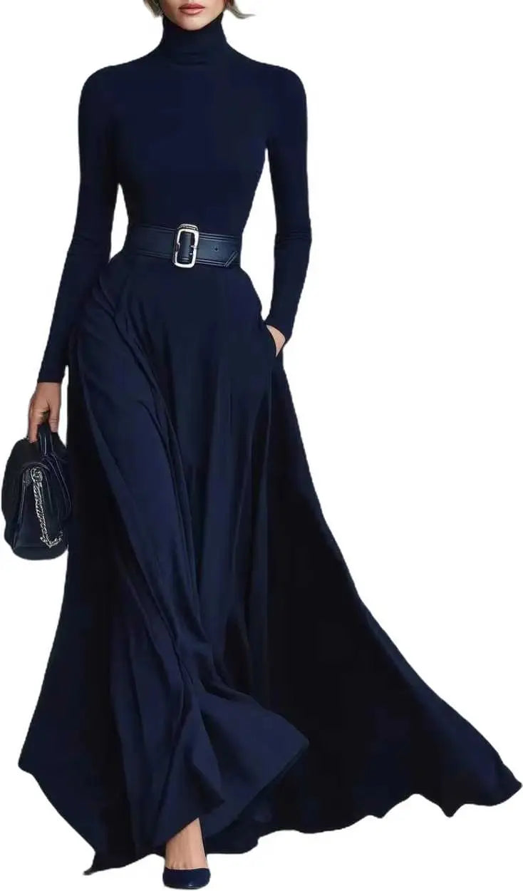 Abito Cerimonia Donna Tinta unita Collo alto Manica lunga Vita Abito Donna Autunno Inverno Orlo Abito lungo Abiti Formales Mujer