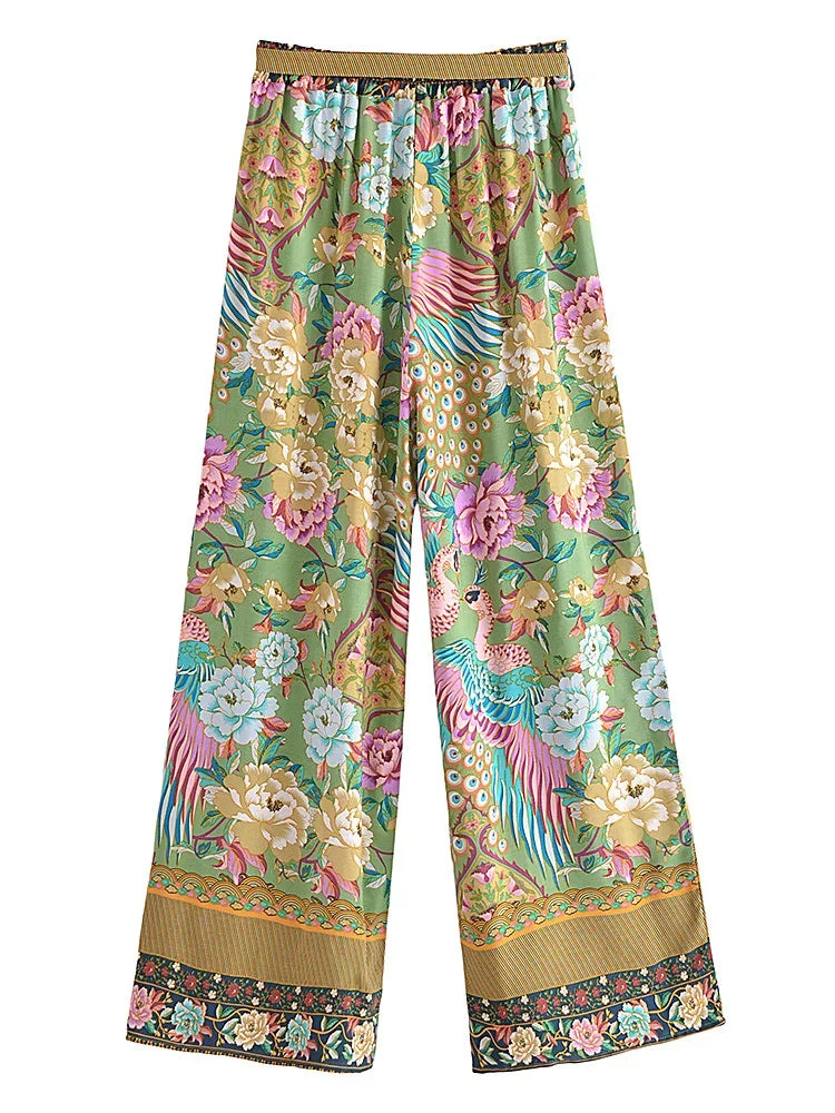 Boho Queens Donna Pavone Stampa floreale Pantaloni a gamba larga bohémien Lady Elastico in vita Sciolto Rayon Boho Pantaloni lunghi Pantaloni oversize