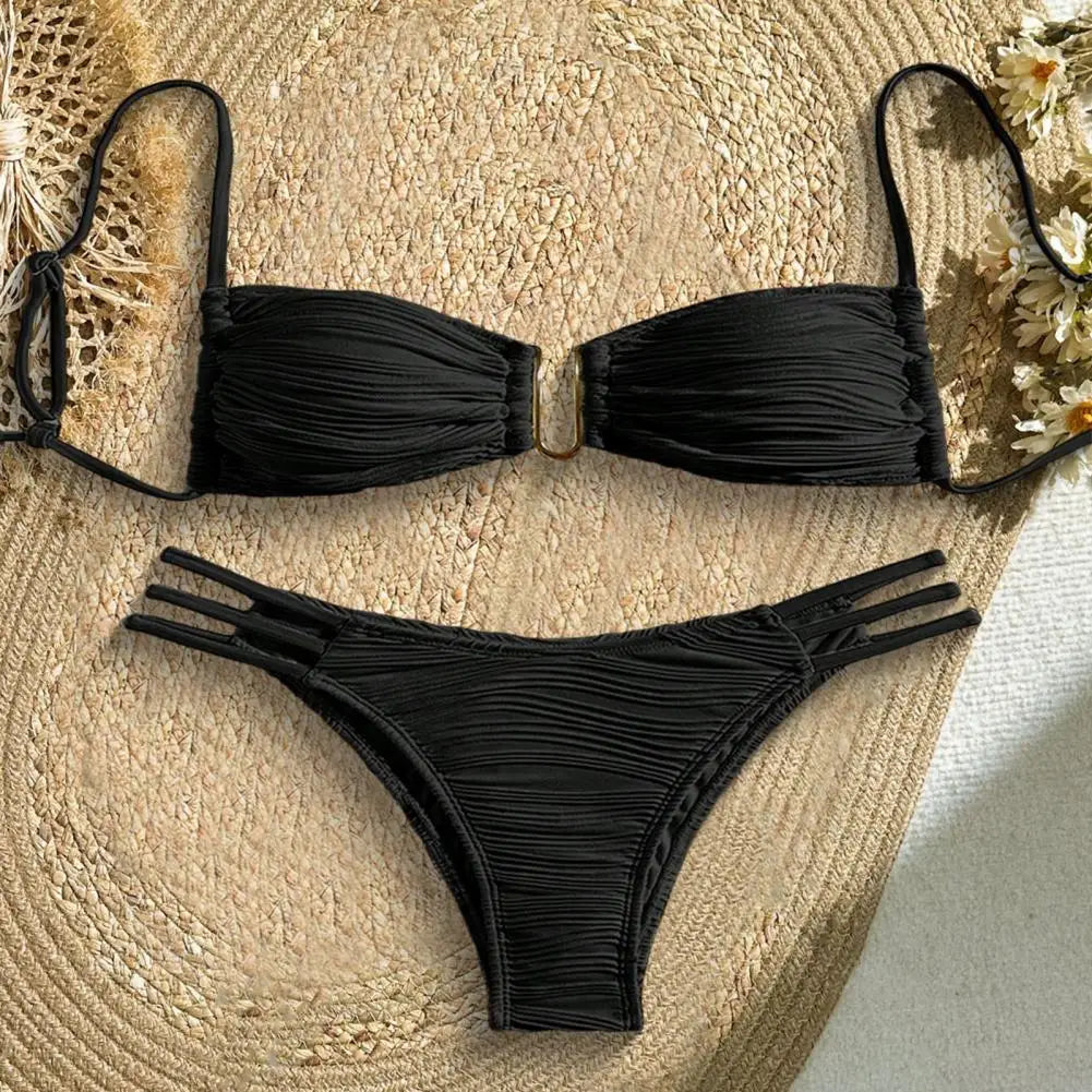 2 pezzi/set donna costume da bagno diviso bikini set fionda fascia reggiseno imbottito texture antirughe slip set moda costumi da bagno sexy