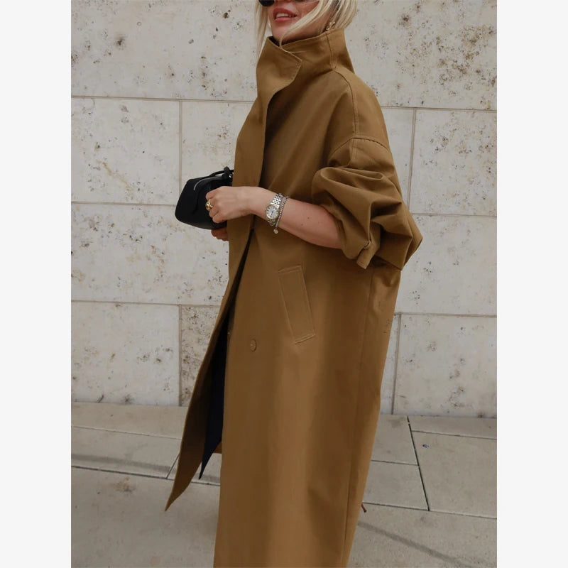 Elegante giacca a vento lunga con risvolto pieghettato verde da donna manica lunga con scollo a V cintura con lacci giacca ampia Lady High Street capispalla quotidiano