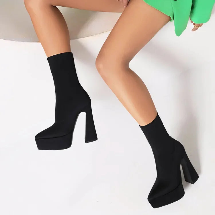 Denim Short Plush Boots Thick Bottom 15cm High Heel Pointed Elastic Size 34-45 Short Boots 2024 New Winter Women's Shoes