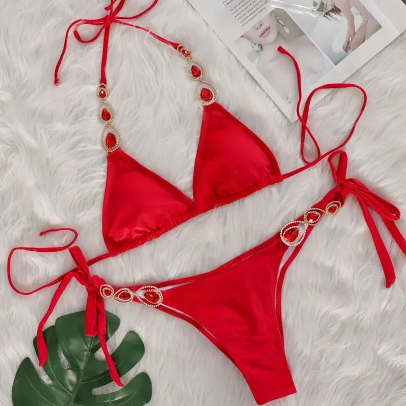 Nero Sexy Bikini 2026 Costume da bagno con strass Donna Costumi da bagno Donna Push Up Bikini Beach Swim Wear Costume da bagno Piscina Bagnante