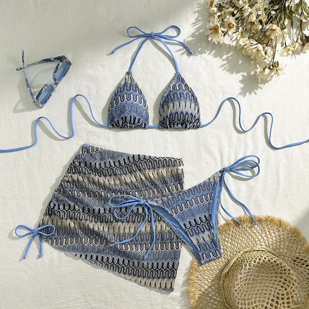 Damen-Badeanzug, bunte Ahornblätter, gestrickter Bikinirock, dreiteiliges Set, geteilter Badeanzug, Bikini, sexy Biquini, Badeanzug