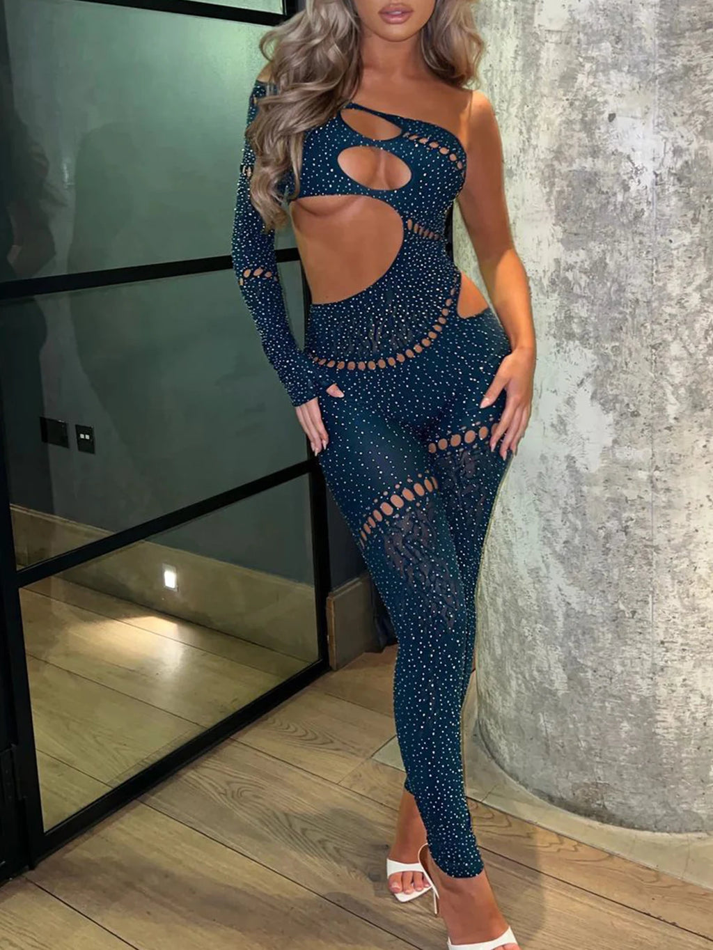 Tuta intera sexy da donna a maniche lunghe con strass, aderente, scollata, per feste di compleanno e discoteca