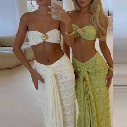 Sexy Solid Hollow Out Swimsuits Outfits Casual Beach Vacation Bathing Suit Set Summer Lace Jacquard Bra&Half Skirts Bikini Sets