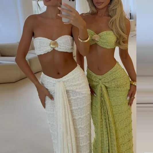 Sexy Solid Hollow Out Swimsuits Outfits Casual Beach Vacation Bathing Suit Set Summer Lace Jacquard Bra&Half Skirts Bikini Sets