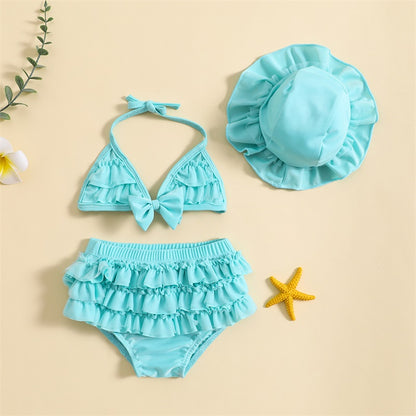 Tregren 0-24M neonate 3 pezzi bikini Set con berretti da bagno Ruffle Bandage Bow costume da bagno Summer Swimwear Beach costume da bagno