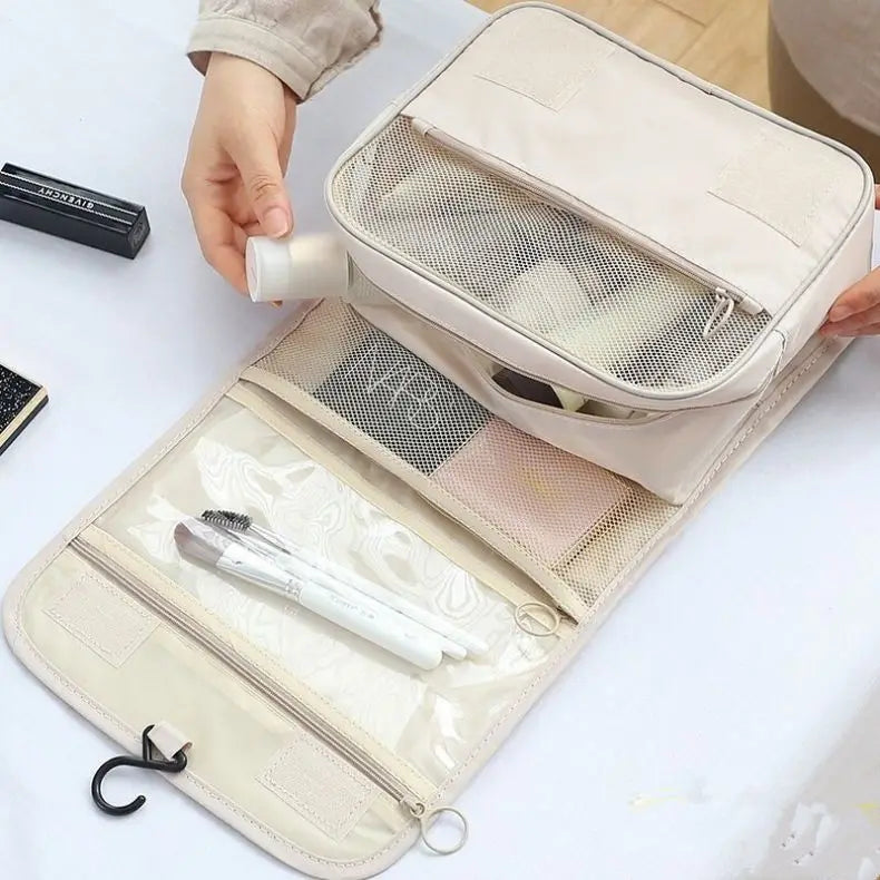 Borsa da Toilette Portatile con Gancio, Multifunzionale, Impermeabile, Resistente all'Usura, Multi-Strato, Grande Capacità, per Trucchi