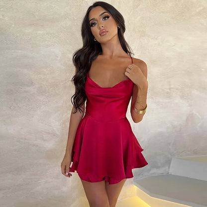 Summer Satin Women Sexy Sleeveless Cami Playsuits Dress Solid Cowl Neck Short Jumpsuits Cross Tie-Up Backless Romper