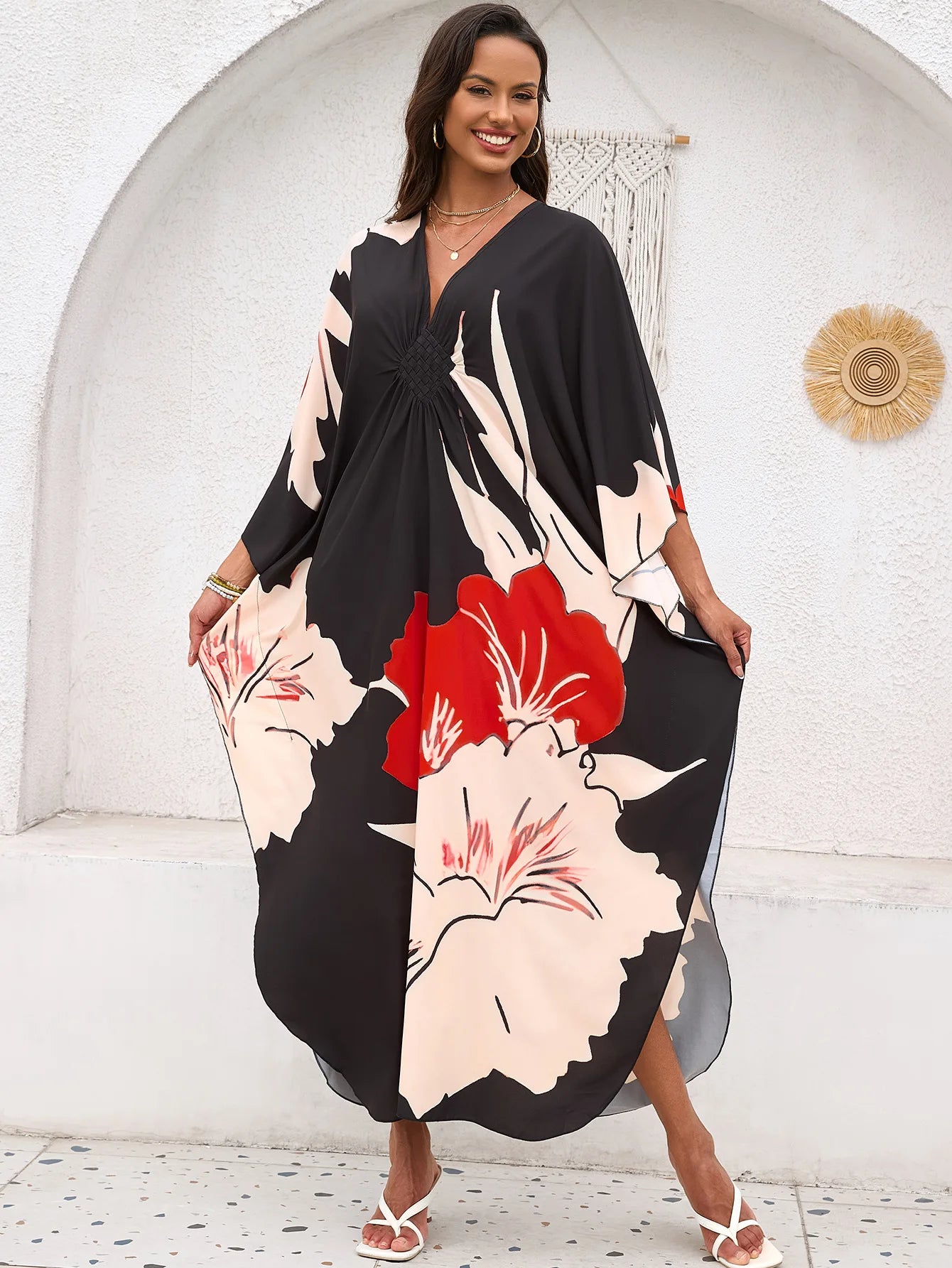 Abiti caftano da donna con stampa floreale taglie forti Costume da bagno taglie forti Copricostume estivo Abito da spiaggia caftano loungewear