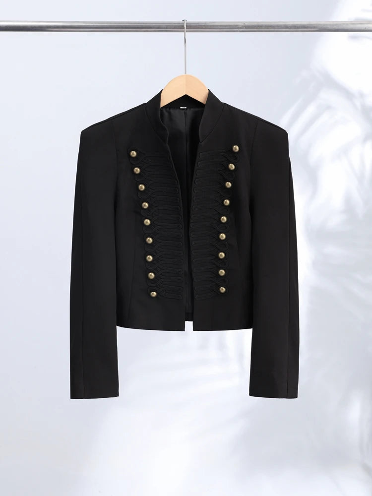 Giacca Primaverile da Donna, Blazer Corto Stile Militare, Top con Bordo in Corda Intrecciata, Bottoni Dorati, Spalle Imbottite, Abbigliamento Femminile